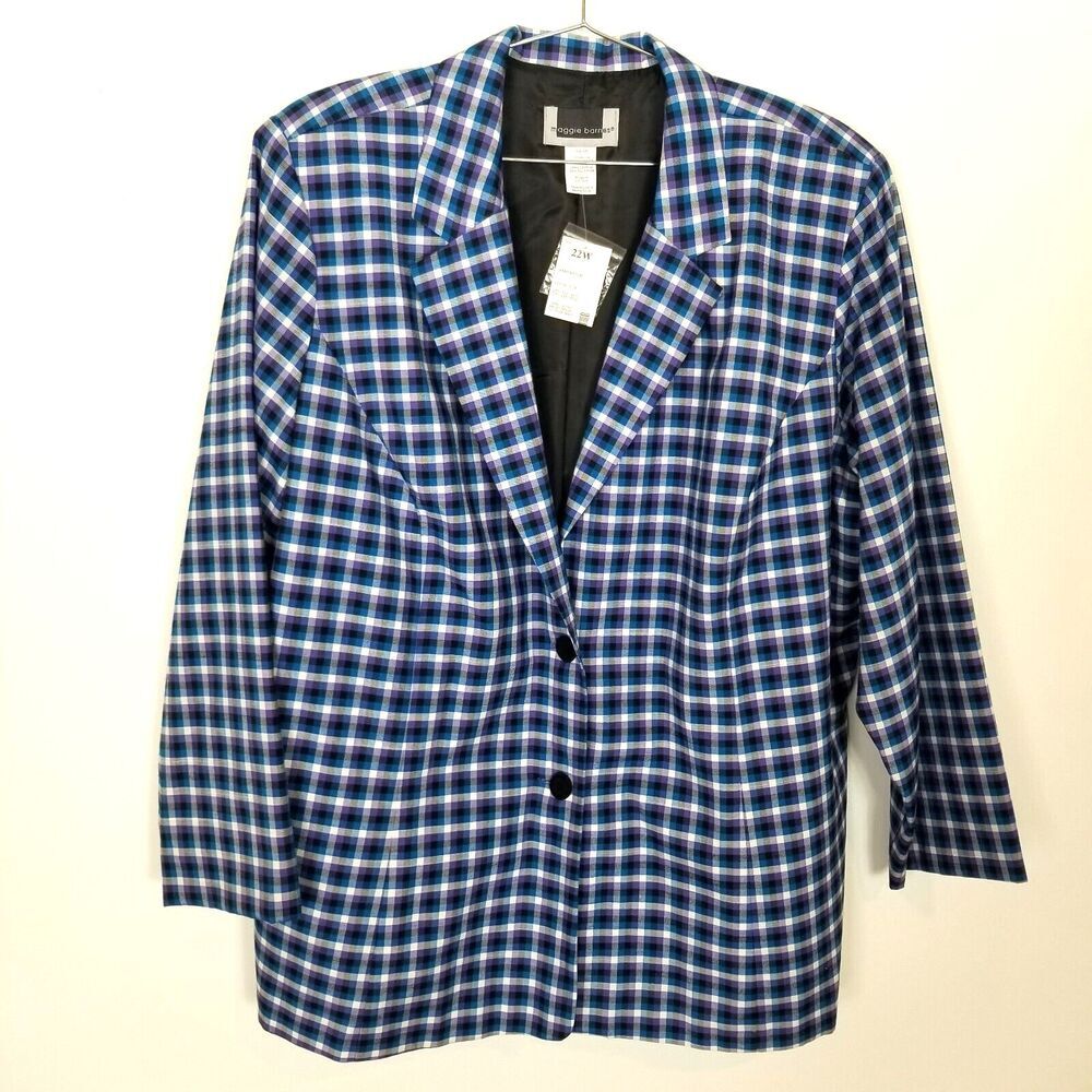 Maggie Barnes Women Plaid Blazer Jacket Sz 22W Blue Check Preppy Office